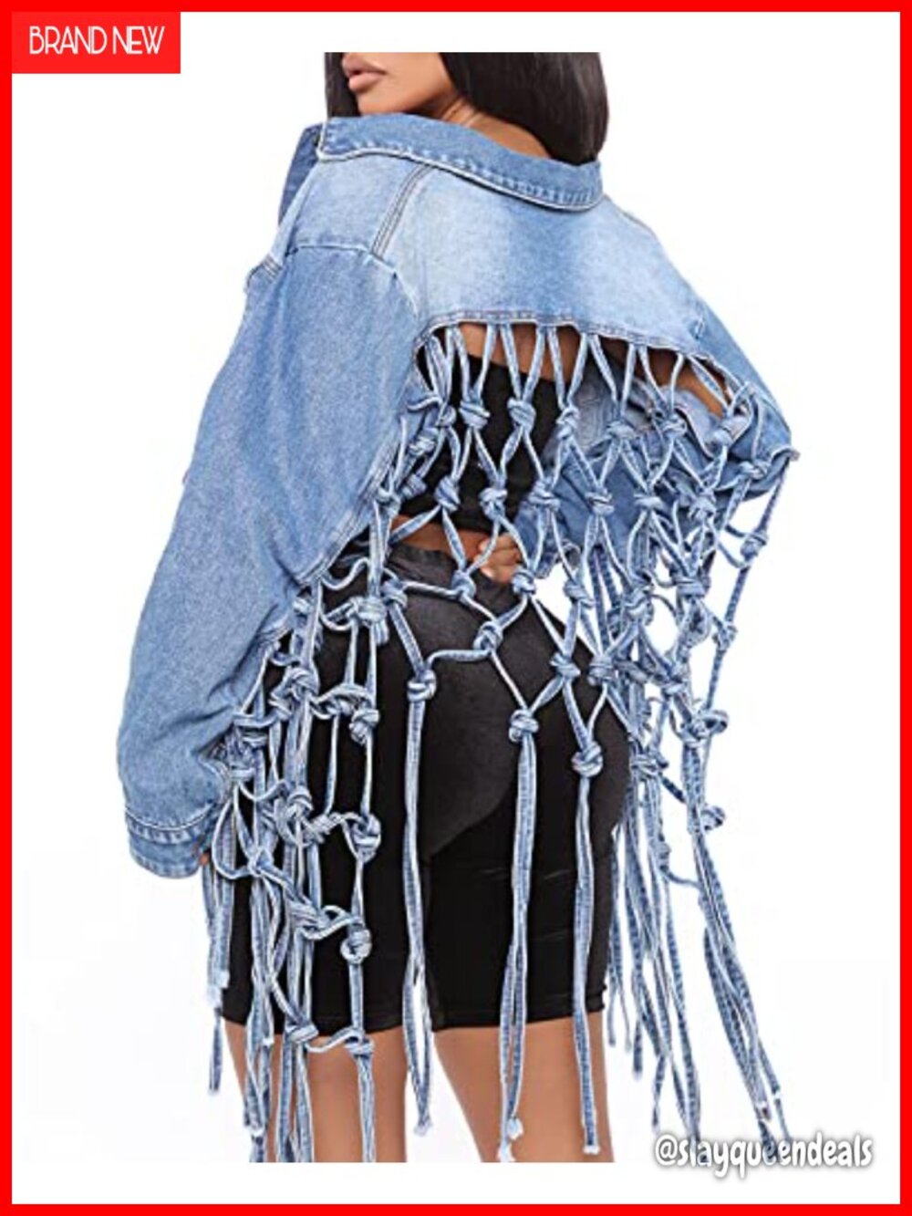 RINTONIX Loose Cropped Distressed Denim Jacket Button Down Ripped Fringe Jean